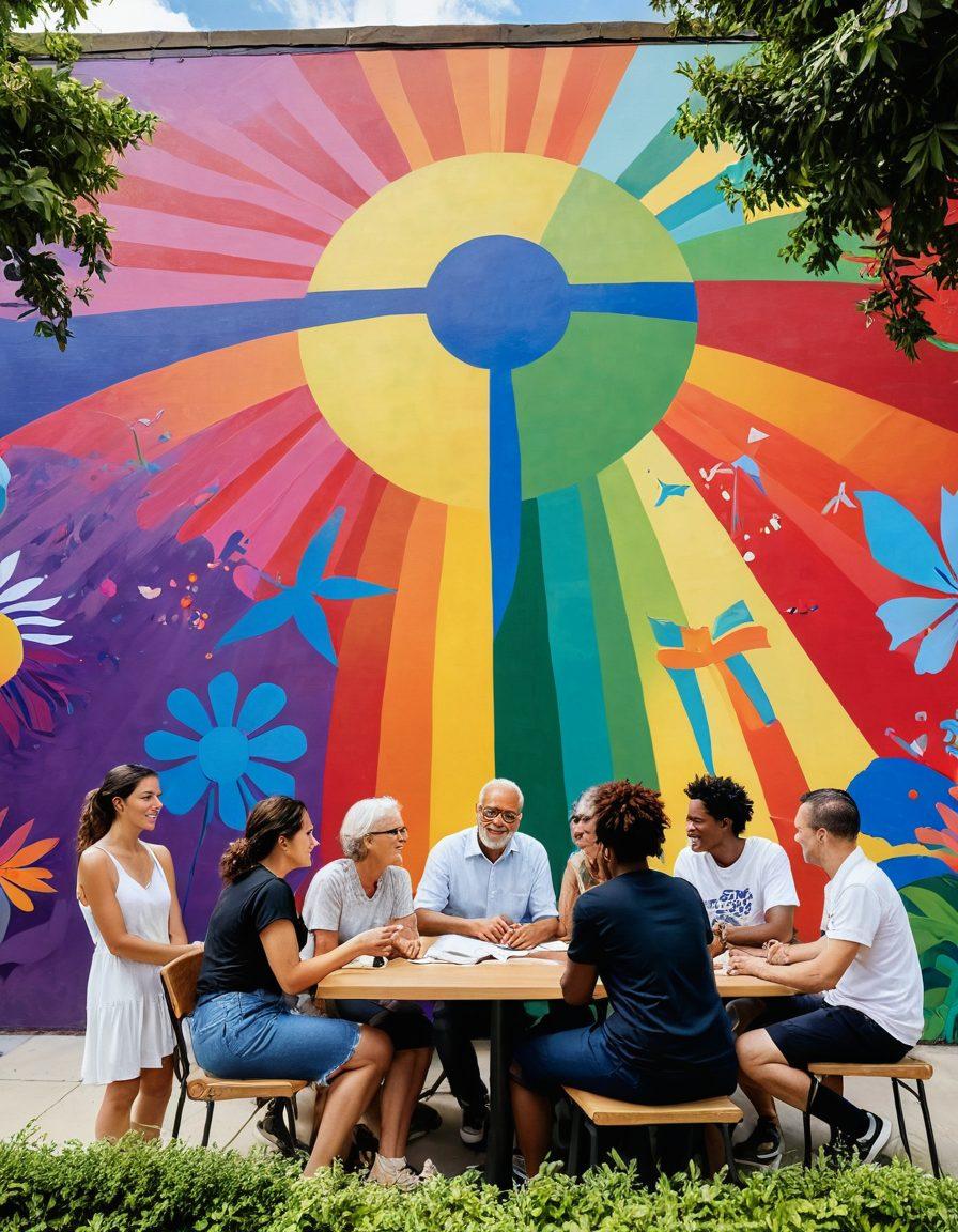 A diverse group of individuals of various backgrounds and ages, joyfully engaging in conversation under a bright mural representing unity and inclusion. They are surrounded by vibrant symbols of community and diversity, such as flags, books, and art, showcasing the power of collaboration. In the background, a flourishing urban park filled with greenery and colorful flowers enhances the scene. super-realistic. vibrant colors. soft focus.