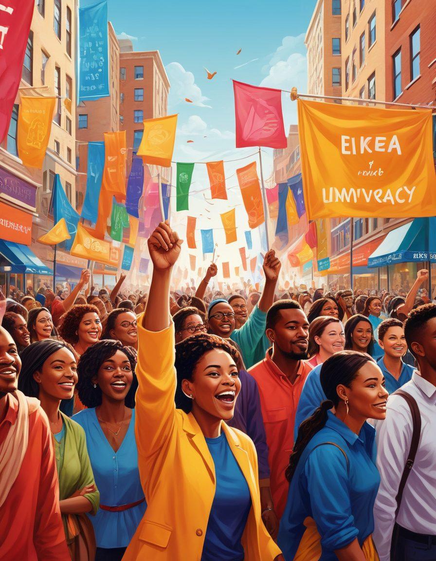 A powerful illustration depicting a diverse group of individuals united, each representing different cultures, ages, and abilities, standing in a vibrant cityscape filled with symbols of advocacy such as megaphones, protest signs, and community gatherings. The scene conveys a sense of empowerment and hope, with colorful banners celebrating diversity around them. The atmosphere is dynamic and inspirational, highlighting collaboration and social change. vector art. vibrant colors. 3D.