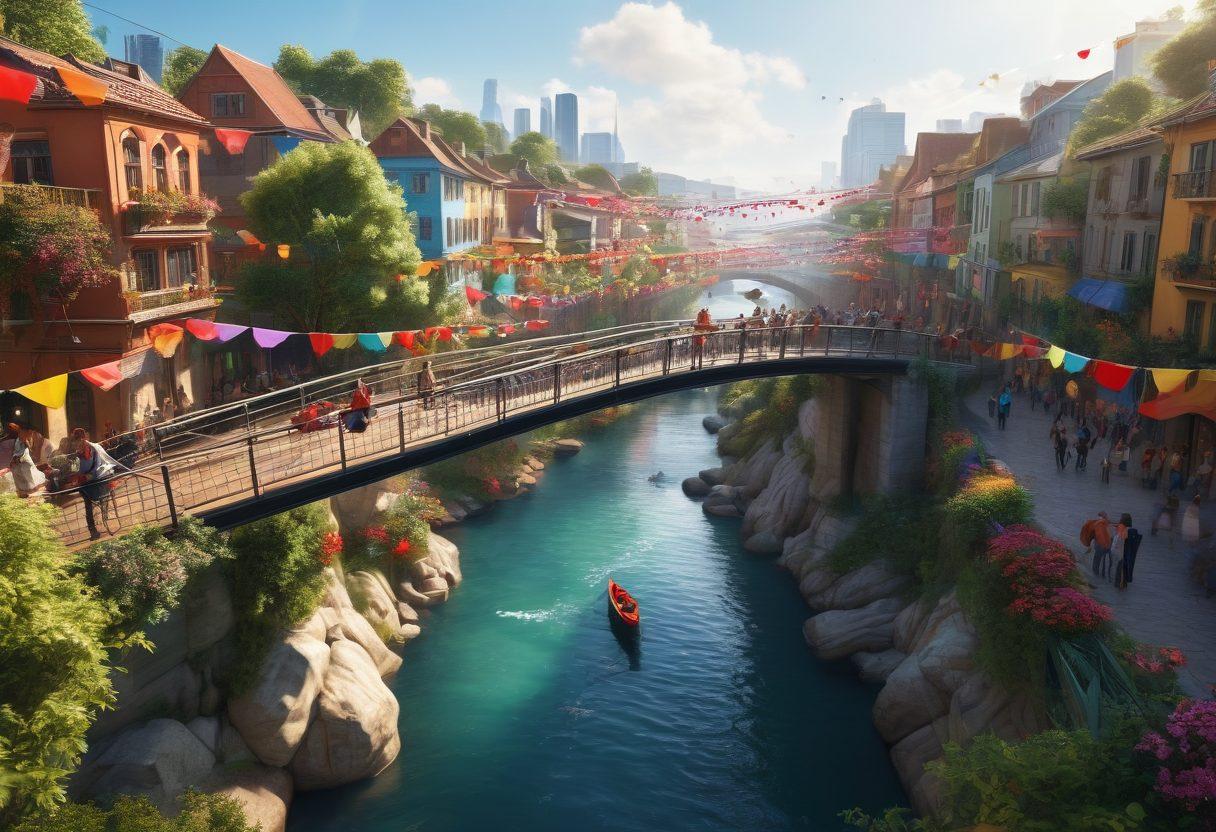 A vibrant cityscape showcasing diverse communities interacting on a beautifully designed bridge, filled with people of different cultures sharing ideas, laughter, and activities. The scene includes colorful flags representing various nations, with lush greenery and flowers enhancing the atmosphere. Bright sunlight casts a warm glow, symbolizing connection and unity. super-realistic. vibrant colors. 3D.